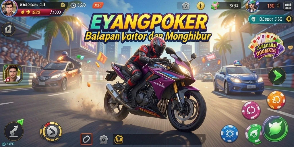 Screenshot gameplay EYANGPOKER menampilkan aksi balapan motor yang mendebarkan.