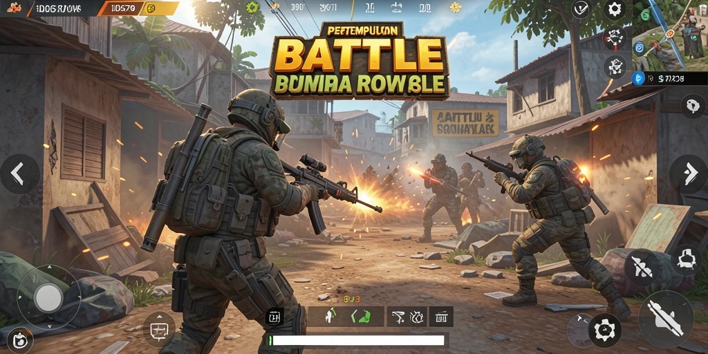 Screenshot menunjukkan karakter bertarung di arena Battle Royale.