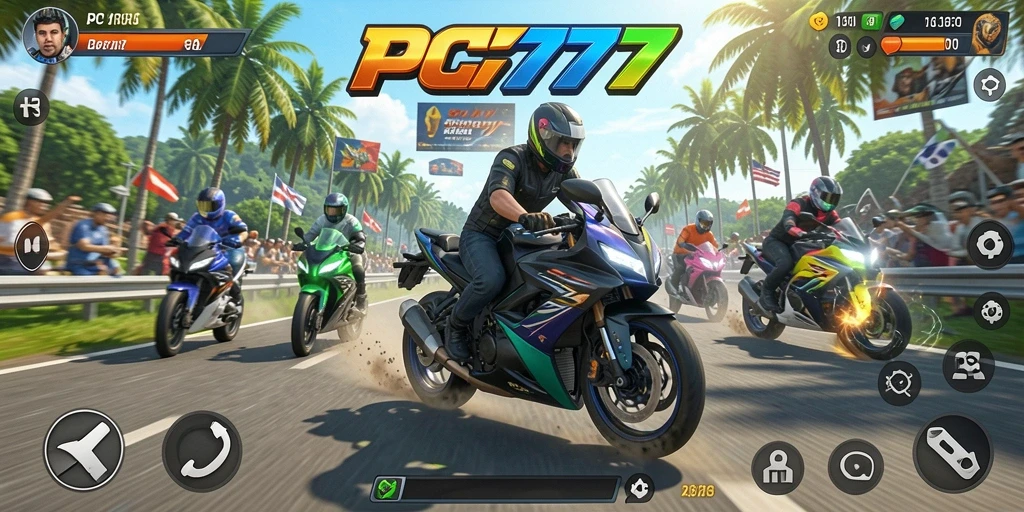 Screenshot gameplay PC777 menampilkan aksi balapan motor yang mendebarkan.