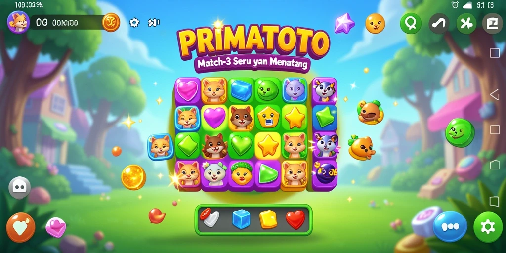 Tampilan gameplay seru di PRIMATOTO dengan kombinasi warna yang menarik.
