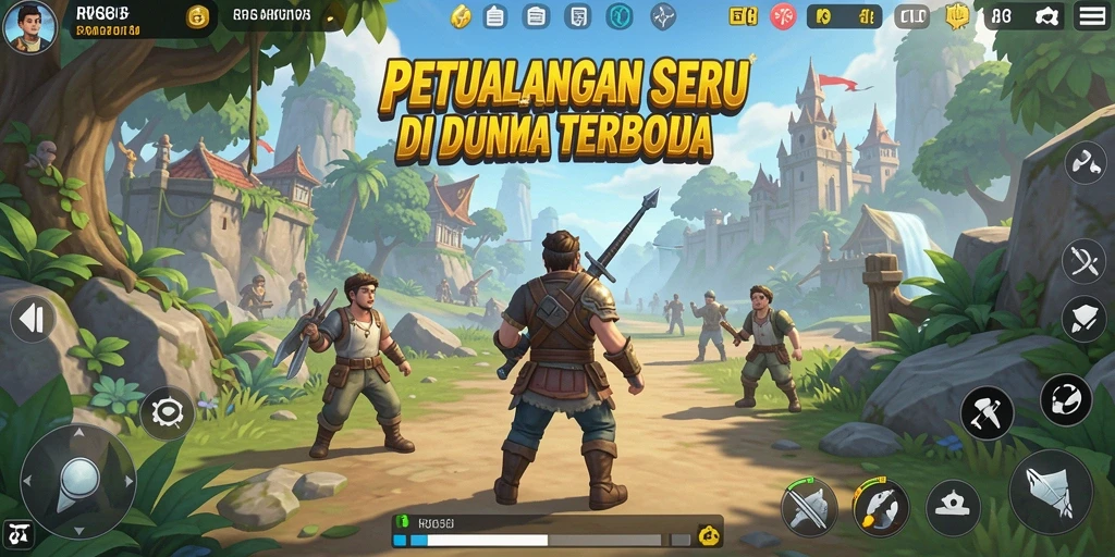 Tangkapan layar gameplay RK88 yang menunjukkan petualangan menjelajahi dunia terbuka.