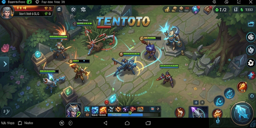 Screenshot utama TENTOTO menunjukkan aksi pertempuran strategi yang seru.
